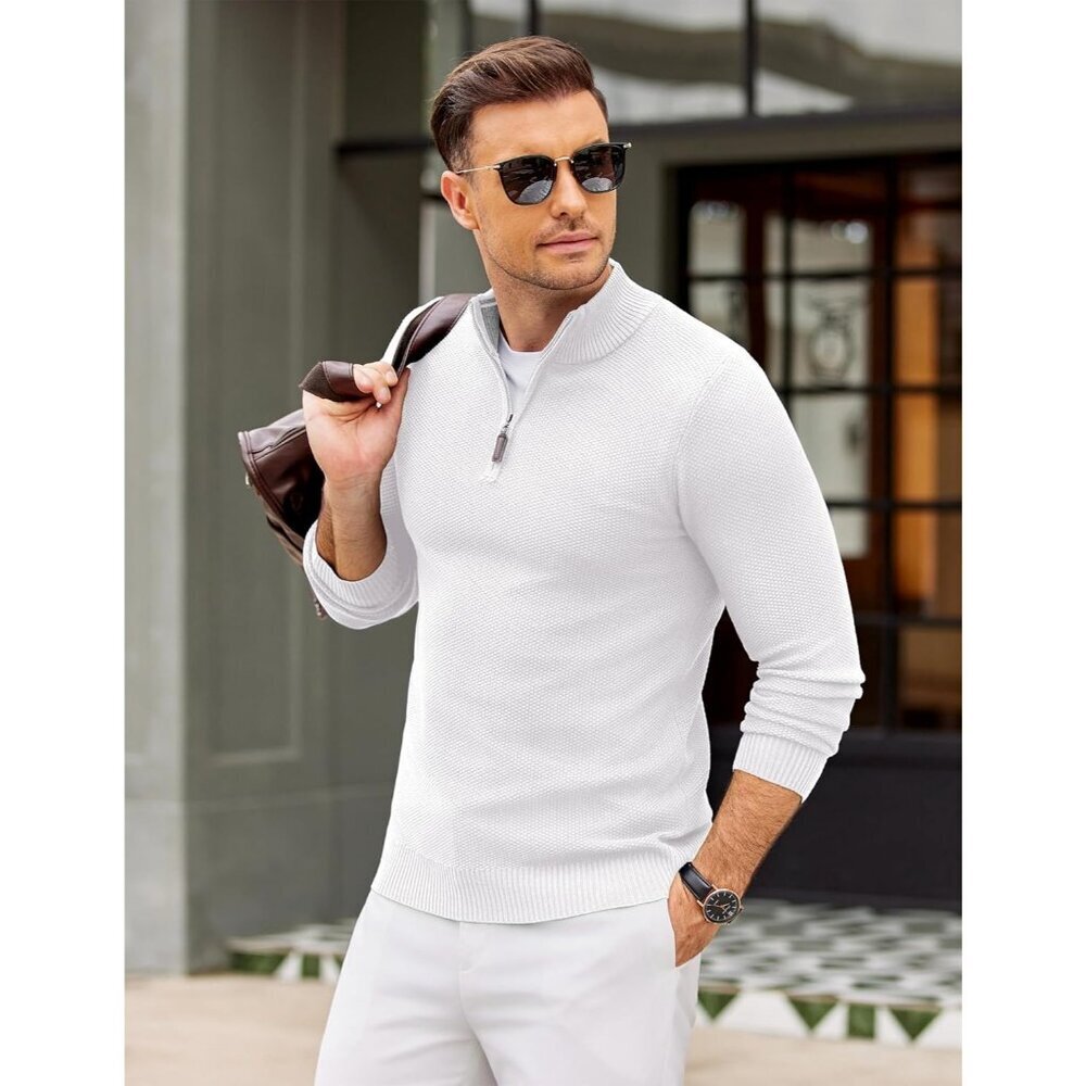 Men's Slim Fit Quarter Zip Pullover Sweater Knit Mock Neck Polo White Sweater - Picture 4 of 6